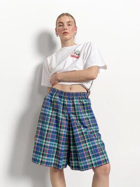 Vintage Plaid Cotton Skort Shorts: Elastic Waist, Relaxed Fit Medium